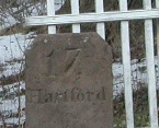 A milestone, "17 Hartford" is inscribed on this stone marker in Connecticut. Walking in the footsteps of history on the old post road in the northeast. Details, click on image of the milestone.
